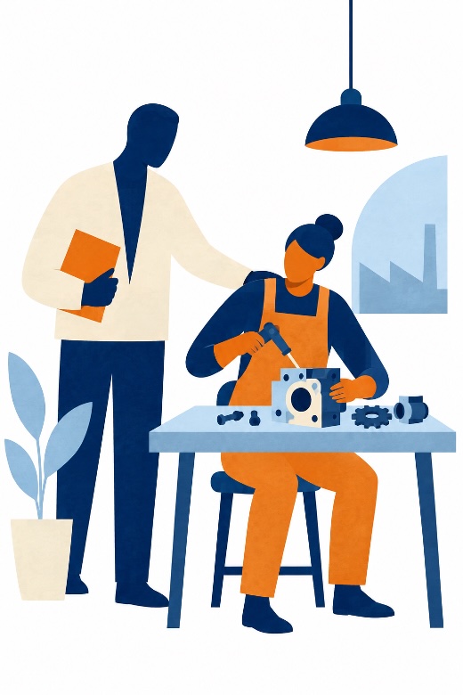 Illustratie van een leidinggevende die een medewerker ondersteunt tijdens het leren op de werkvloer
