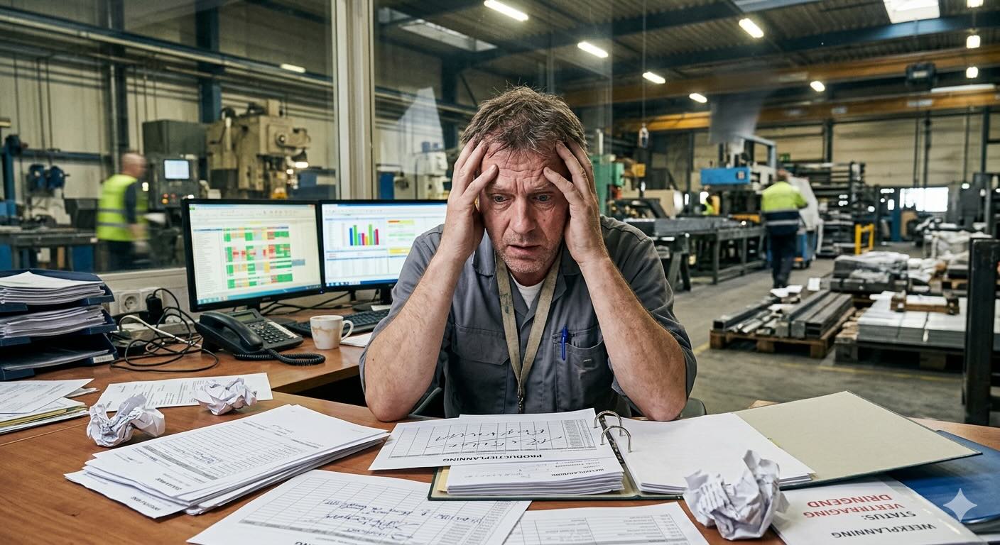 Planner met zijn handen in het haar tussen planningen en beeldschermen in een productiehal
