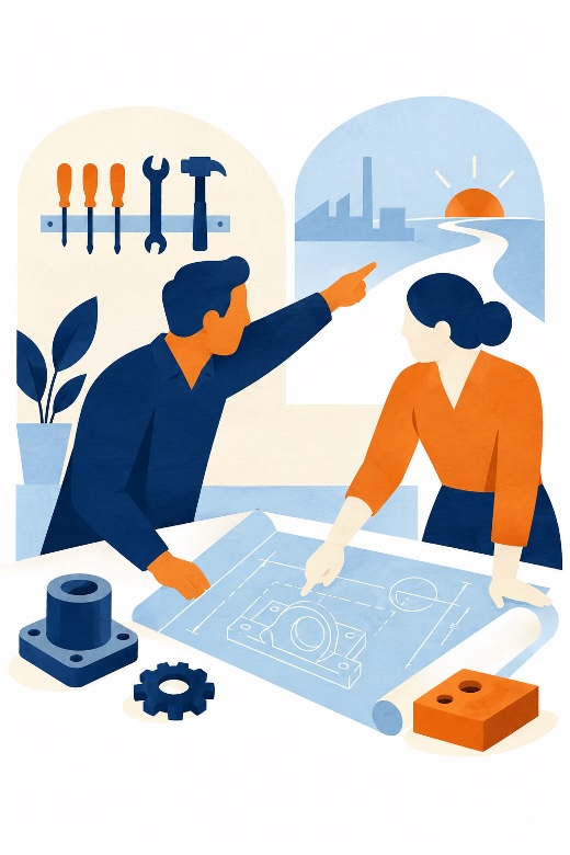 Illustratie van medewerkers die een technisch plan en de ontwikkelrichting bespreken
