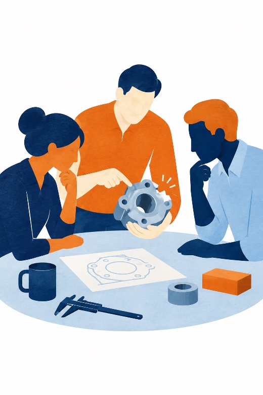Illustratie van drie collega’s die samen een technisch onderdeel onderzoeken