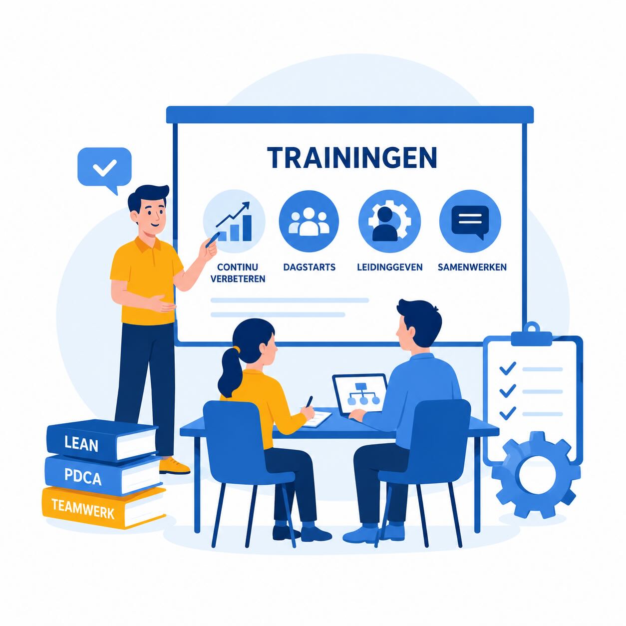 Trainer bespreekt met deelnemers continu verbeteren, dagstarts, leidinggeven en samenwerken.