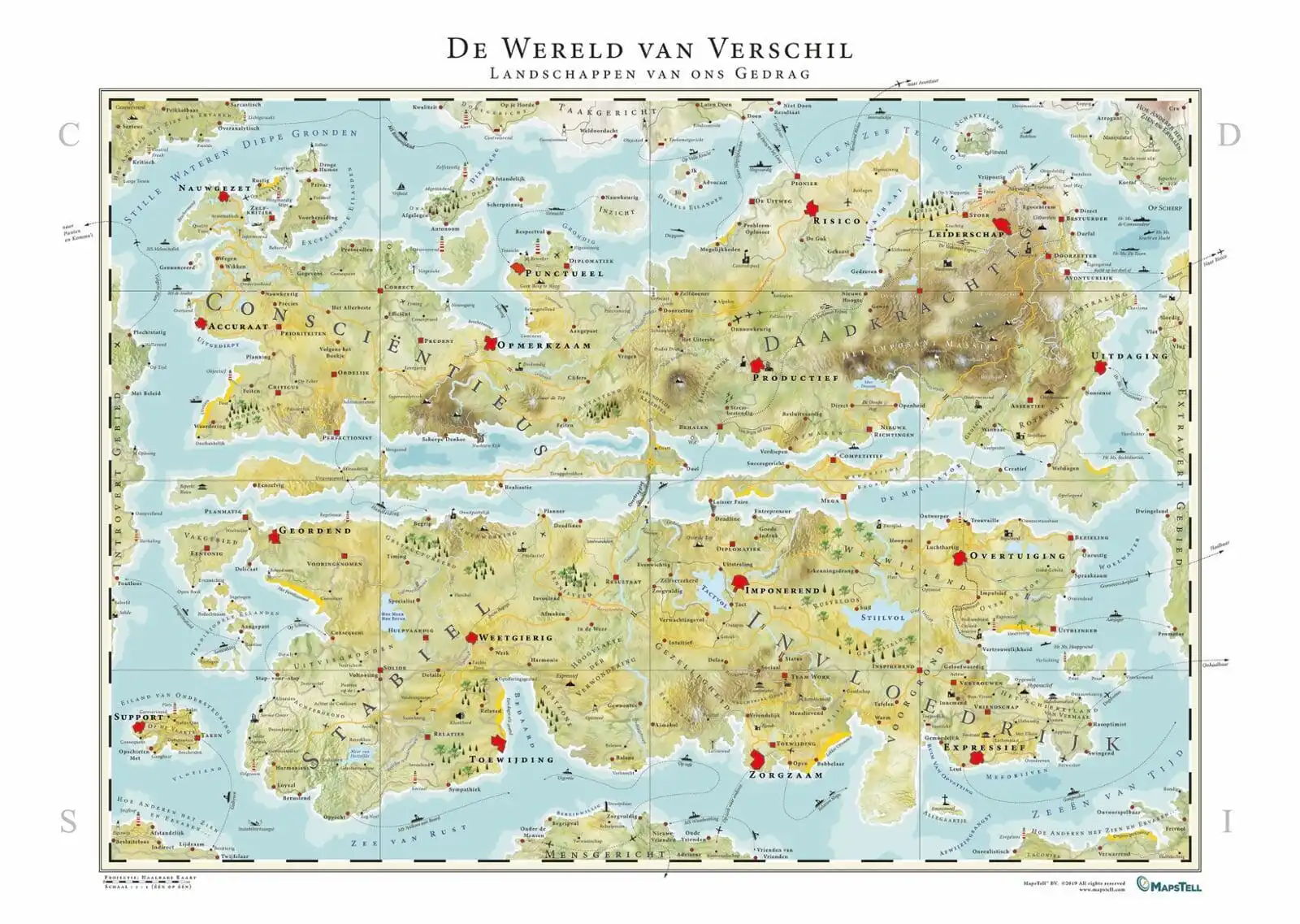MapsTell-kaart Wereld van Verschil met de gedragsgebieden Daadkracht, Invloed, Stabiliteit en Consciëntieus