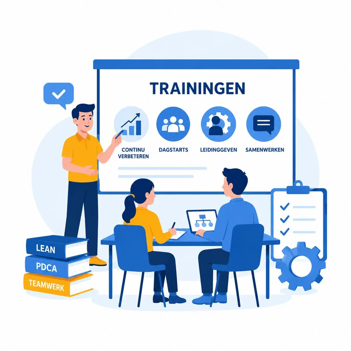 Trainer bespreekt met deelnemers continu verbeteren, dagstarts, leidinggeven en samenwerken.